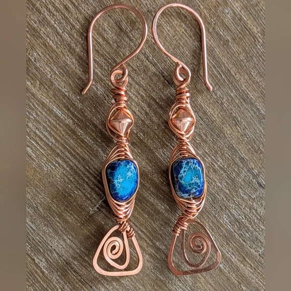 Eclectic Copper Earrings Vibrant Coastal Blue Jasper Artisan Crafted Jewelry - Picture 7 of 11